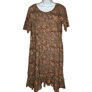 Fabindia Midi Dress Size M Brown Floral Lightweight Short Sleeves Buttons Tiered